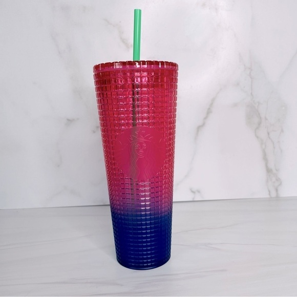 Starbucks 2022 Watermelon Pink Purple Gradient Ombre Grid 24oz Venti Tumbler Cup - Picture 1 of 6
